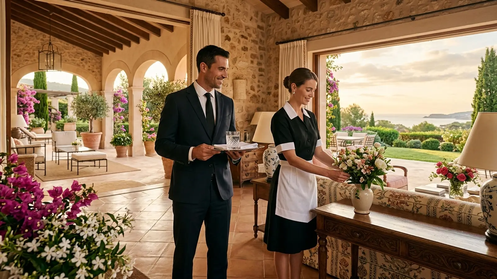 Mayordomo con una bandeja y empleada colocando flores en el salón de una casa de piedra con las puertas abiertas al jardín